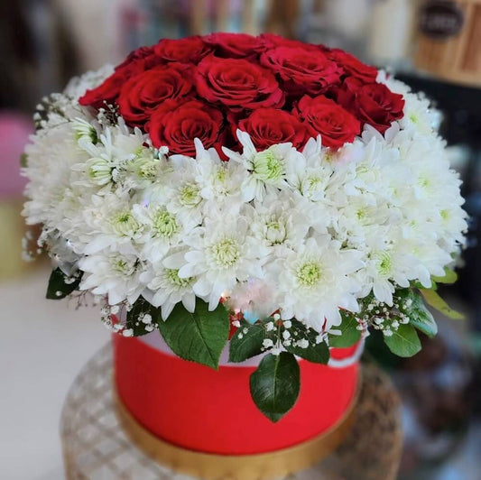 Snowy Crimson Blossoms Arrangement